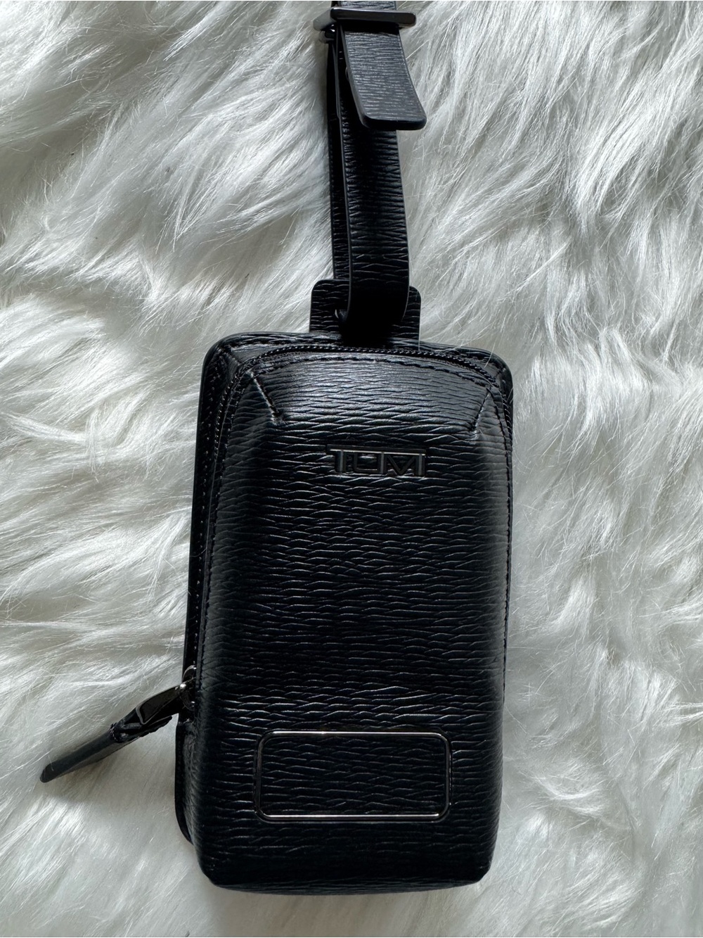 Tumi Black Textured Leather Travel ID Tag with Zipper Pocket
